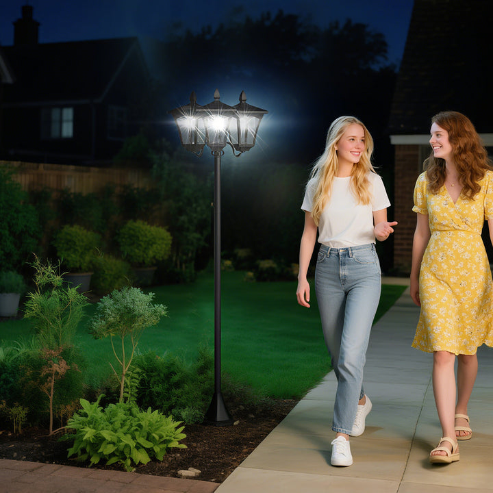 Solcellehavelanterne med 3 lys, lanternestang i rustfrit stål, solcellelanterne med LED 120 lumen, 51,5x47x182,5 cm, stilampe IP44 til havebalkon, sort