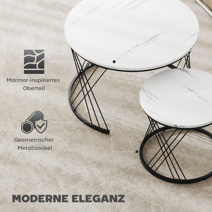 Sæt med 2 sofaborde i marmorlook af spånplade til stue, indskudsborde, hvide
