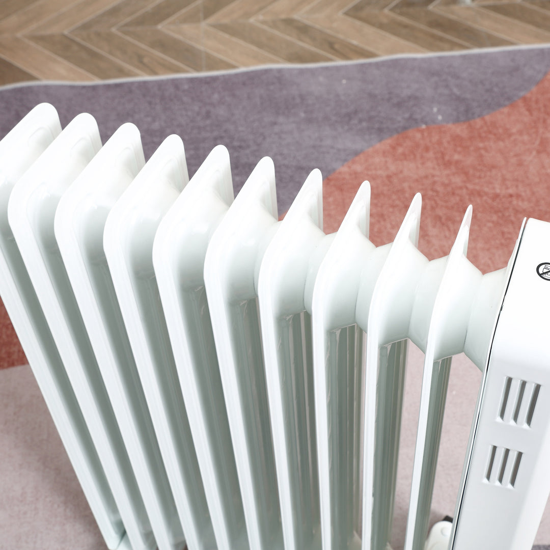 Olievarmer, 2500w, 3 varmeindstillinger, timer, frit bevægelig, stål, hvid, 50,5 x 24 x 63 cm