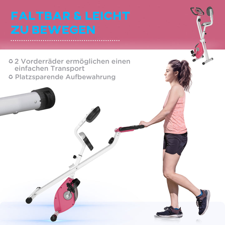 Motionscykel sammenklappelig magnetisk hjemmetræner med lcd-skærm, 8 niveauer justerbar magnetisk modstand, pladsbesparende fitnesscykler til hjemmet pink+hvid