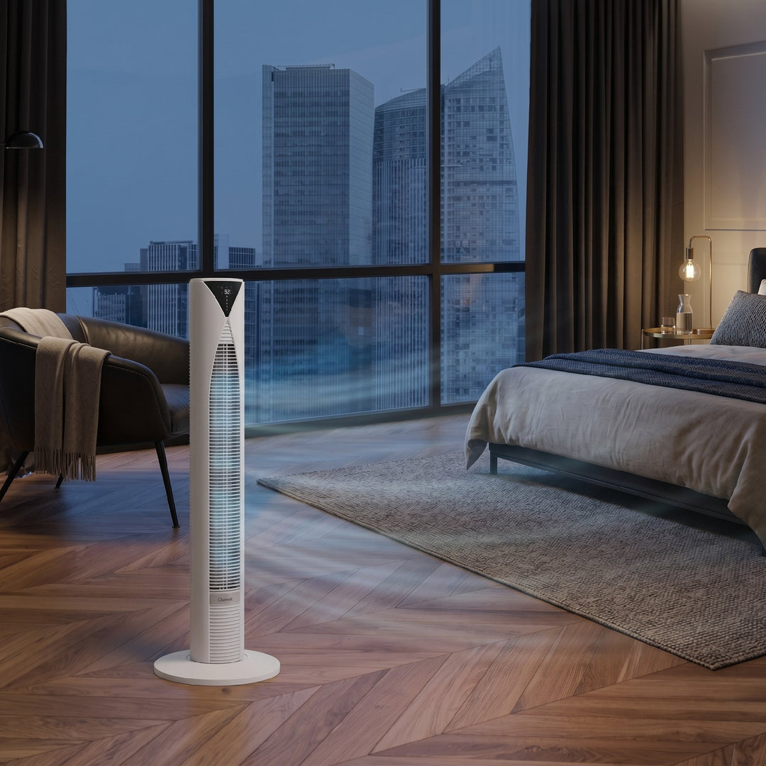 70° oscillerende tårnventilator med fjernbetjening, 4 tilstande, 3 hastigheder, timer, 31,5 x 31,5 x 96 cm, hvid