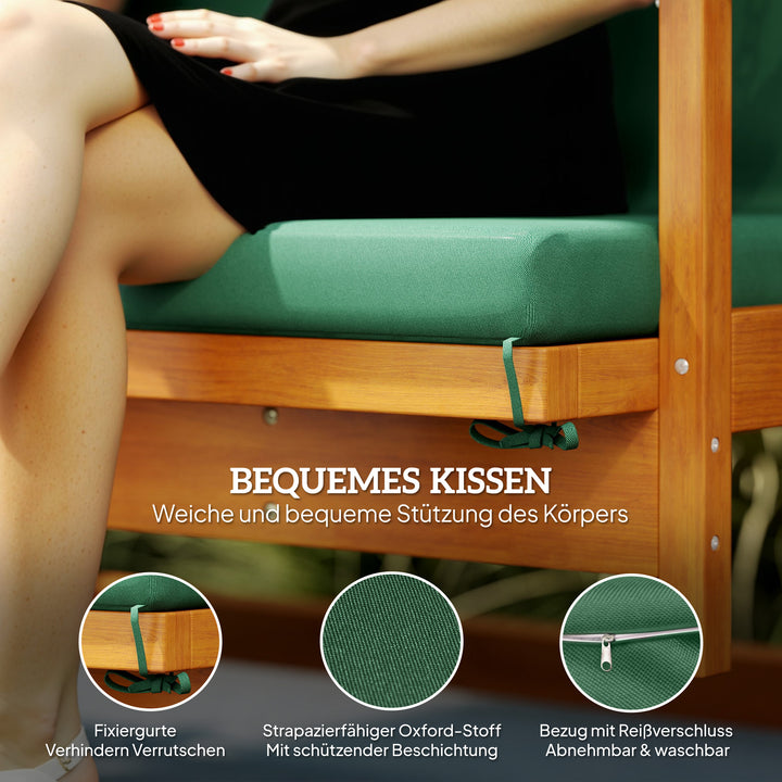 Verandagynge med soltag, havegynge i ægte træ, gyngebænk med lænefunktion, til 3 personer, mørkegrøn