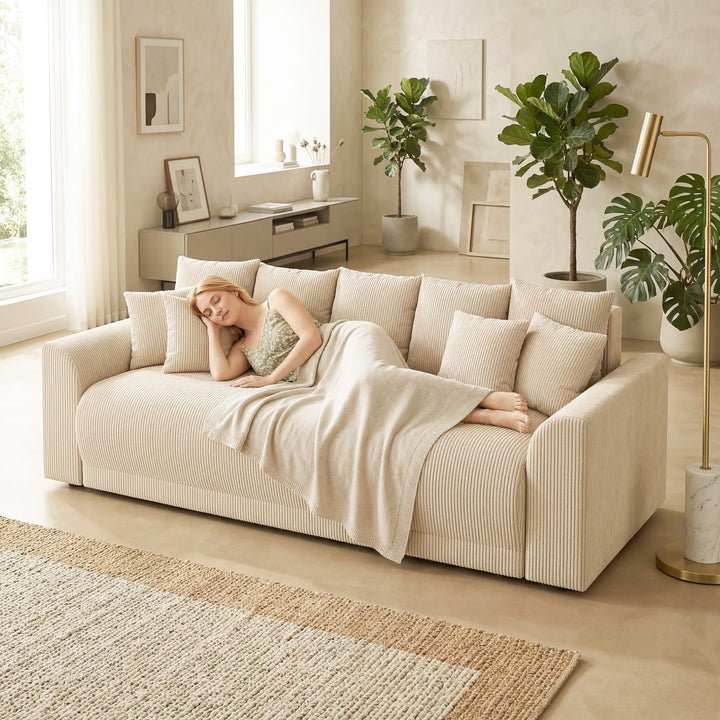 Sovesofa 190x150cm 3-personers sofa med sovefunktion, hynder, opbevaringsplads, corduroy-look til stuen, beige