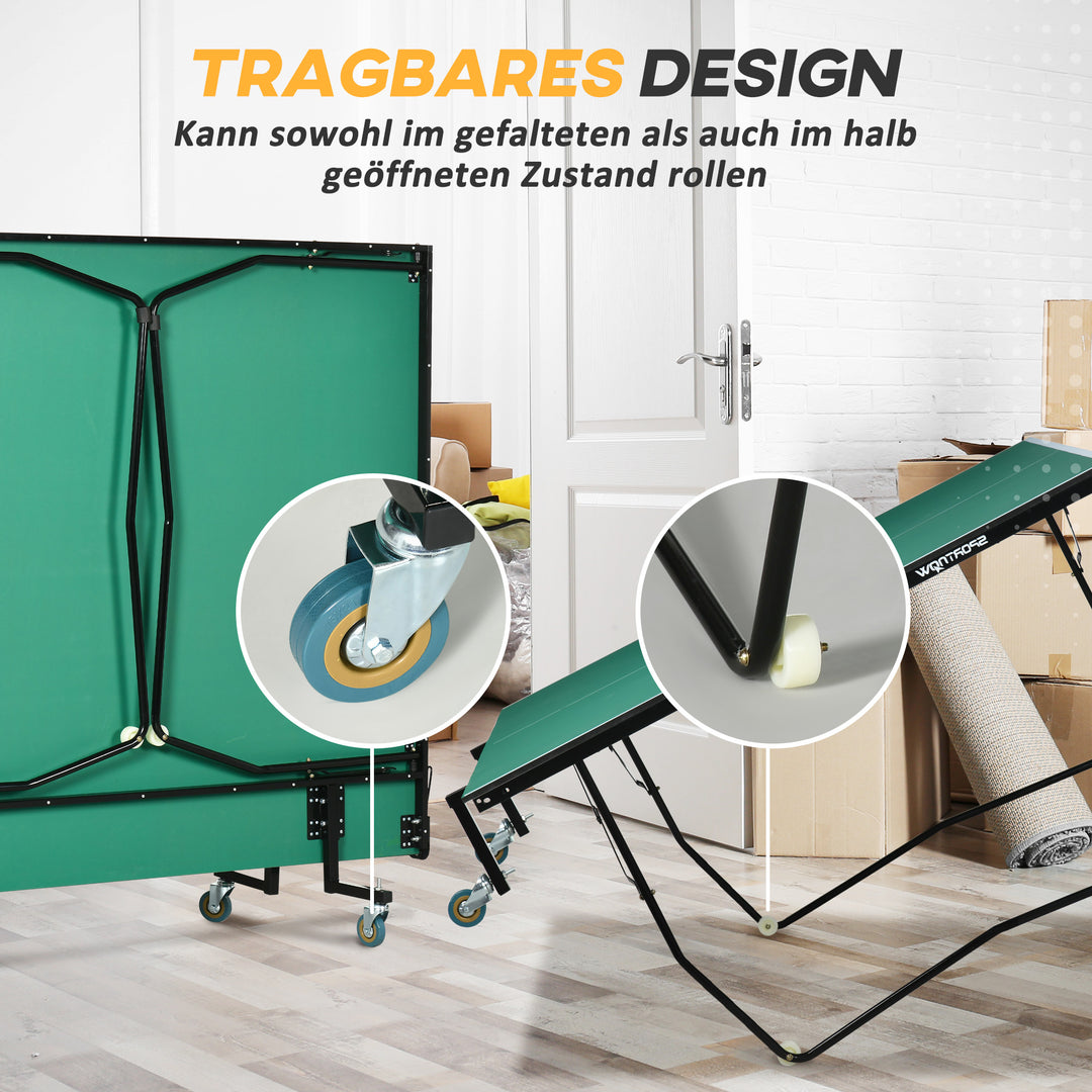 Bordtennisbord, foldbart, 8 hjul, inklusive bat og bolde, 274 cm x 152,5 cm x 76 cm, grøn