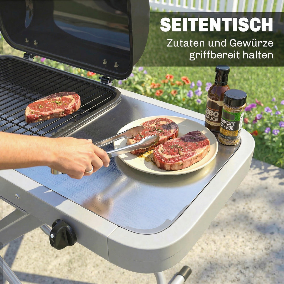 Bærbar gasgrill, 1 brænder, 2,5 kW, grillvogn med foldbar vogn, grillrist, sidebord, låg, termometer
