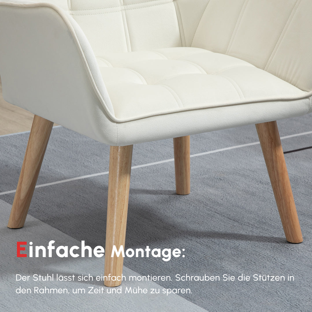 Polstret lænestol, accentstol, skandinavisk design, fløjlslook, op til 120 kg, ben af gummitræ, creme