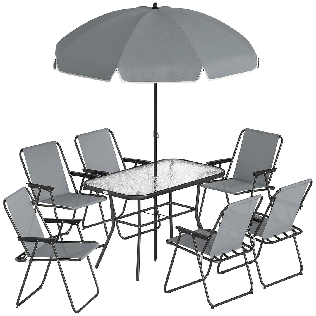 Havemøbelsæt, siddegruppe, 119 x 68 cm, glasbord med 6 klapstole, parasol, vandbølgemønster, grå