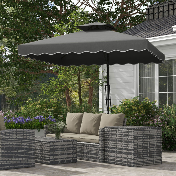 Haveparasol, fritstående parasol, dekorativ kant, ventileret tag, metalramme, 2,4x2,4x2,6m, mørkegrå