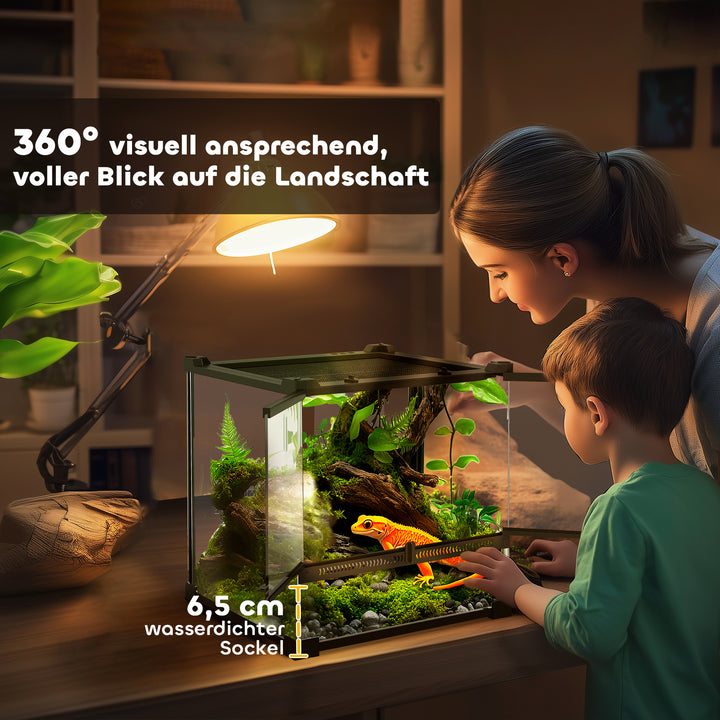 Glas krybdyrterrarium med hævet og vandtæt bund og knaplås