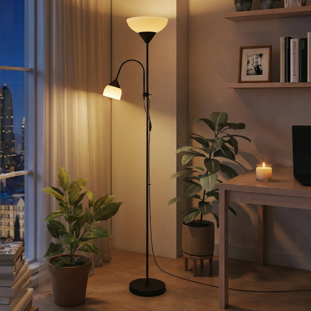 Uplight, mor og barn gulvlampe, høj lampe med 3 farvetemperaturer og fleksibel svanehals, sort