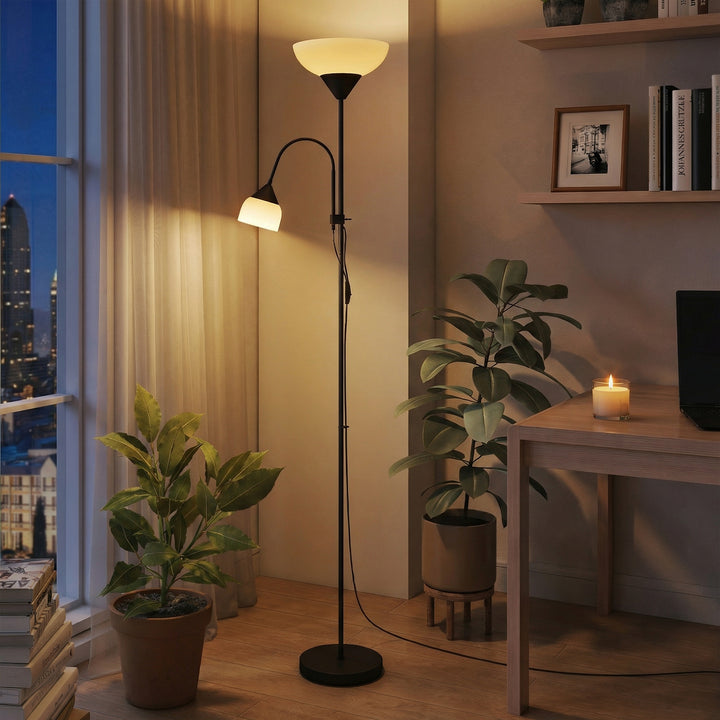 Uplight, mor og barn gulvlampe, høj lampe med 3 farvetemperaturer og fleksibel svanehals, sort