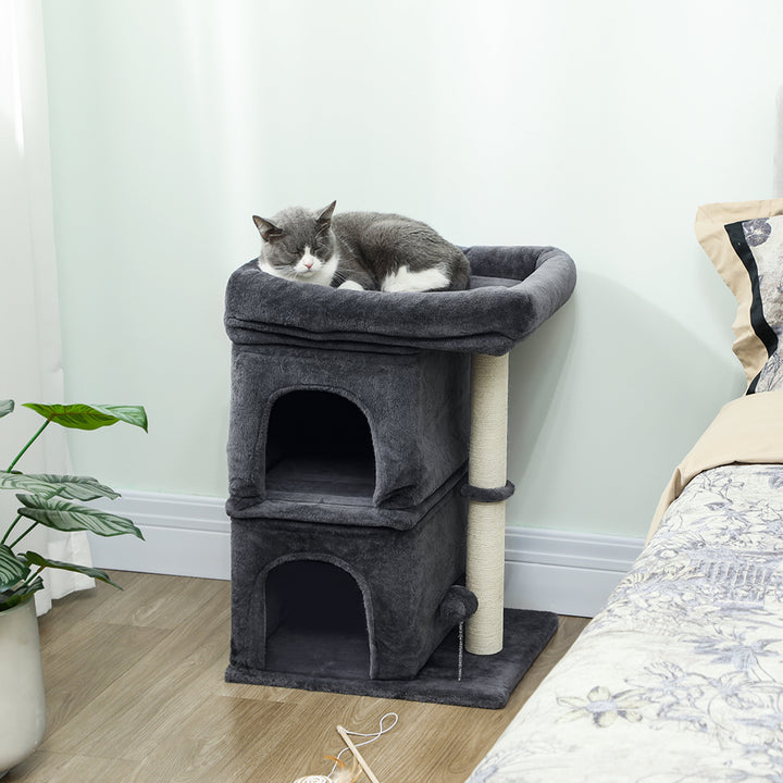 Kradsetræ til katte, kattetårn, 2 huler, platform, sisalstolper, kompakt, mørkegrå