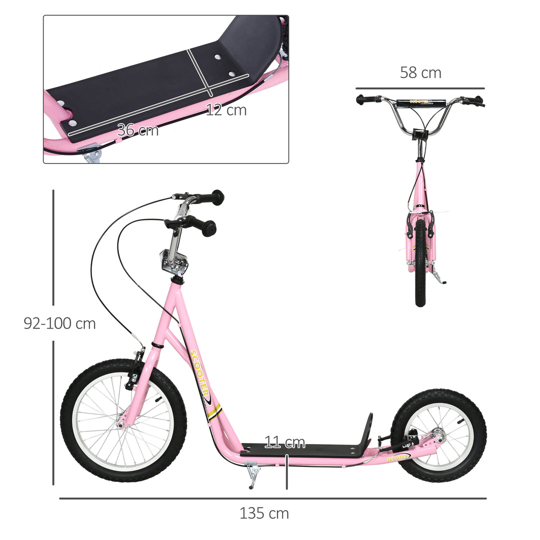 Børneløbehjul med luftgummidæk og håndbremse, 16 tommer højdejusterbart løbehjul til drenge og piger fra 5 år, pink løbehjul med kickboard
