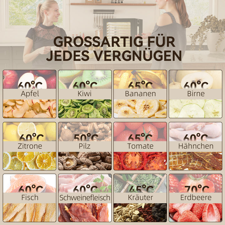 Mad-dehydrator, 850 w, 40-70°c temperaturkontrol, 48-timers timer, 12 bakker, rustfrit stål, sort