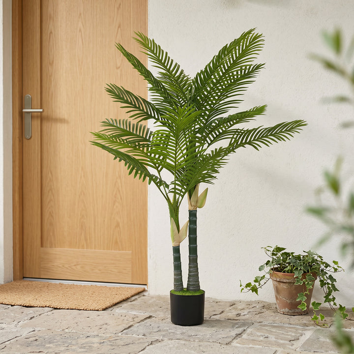 Kunstig palme 150 cm, kunstig palme med 16 palmeblade, stor kunstig plante i potte til stue, balkondekoration, grøn