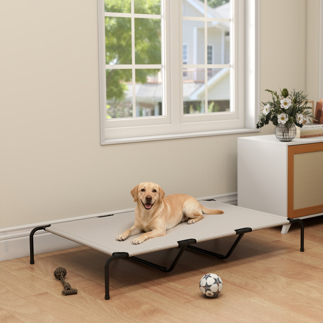 Udendørs hundeseng, hævet hundeseng til store hunde, med stålramme, åndbart netstof, 152x94x23 cm, beige