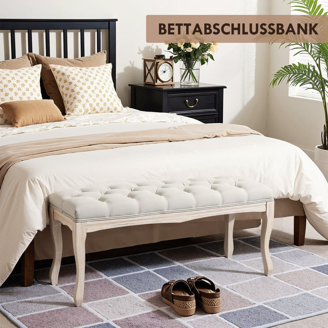 Polstret bænk med linnedbetræk, sengebænk med træramme, skobænk til soveværelse, stue, entre, 110 x 40 x 48 cm, beige
