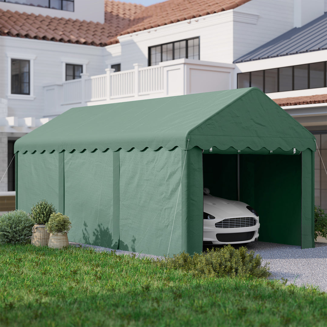 3x6 m transportabel carport, biloverdækning med 2 indgange, polyestertag, til biler, både, haveudstyr, mørkegrøn