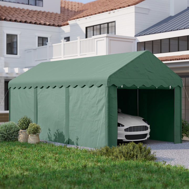 3x6 m transportabel carport, biloverdækning med 2 indgange, polyestertag, til biler, både, haveudstyr, mørkegrøn