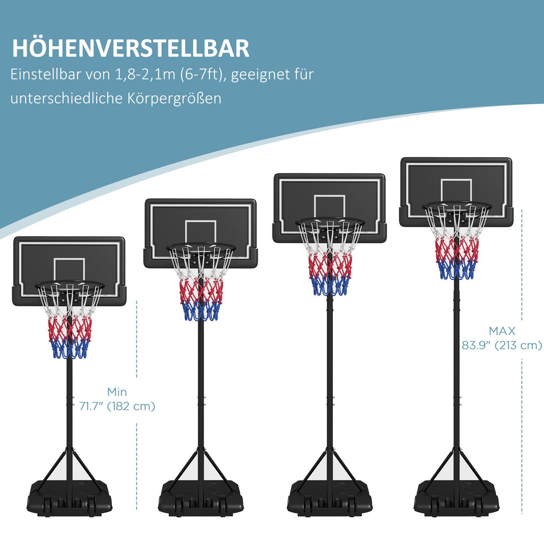 Basketballstativ, højdejusterbart, mobilt, fyldeligt, brudsikkert bagpanel, kurvhøjde 1,82 - 2,13 m, sort