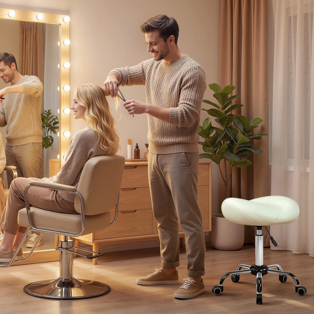 Sadelstol, højdejusterbar kørestol med PU-læder til massage, spa, klinik, skønhed og tatovering, cremehvid