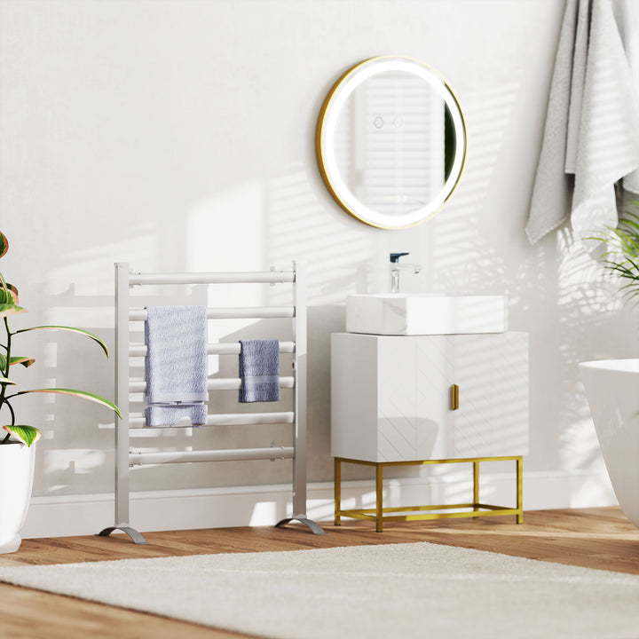 Kleankin rundt spejl med led-belysning, tidsvisning, hukommelsesfunktion, guld + sølv