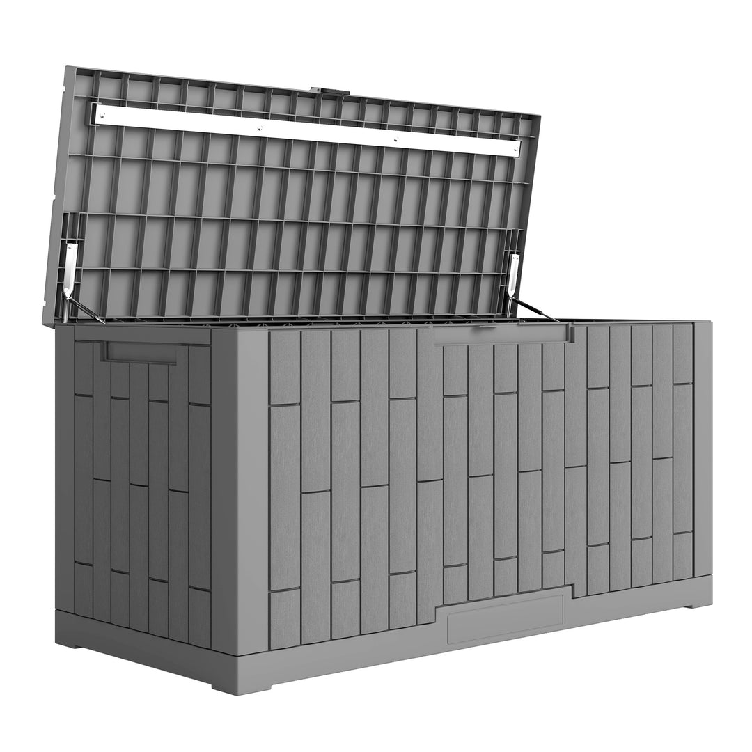 Haveopbevaringskasse, 379 liter, vandtæt, aflåselig, UV-bestandig, med trælook-finish, til havebrug, 122,5 x 56 x 62 cm, grå