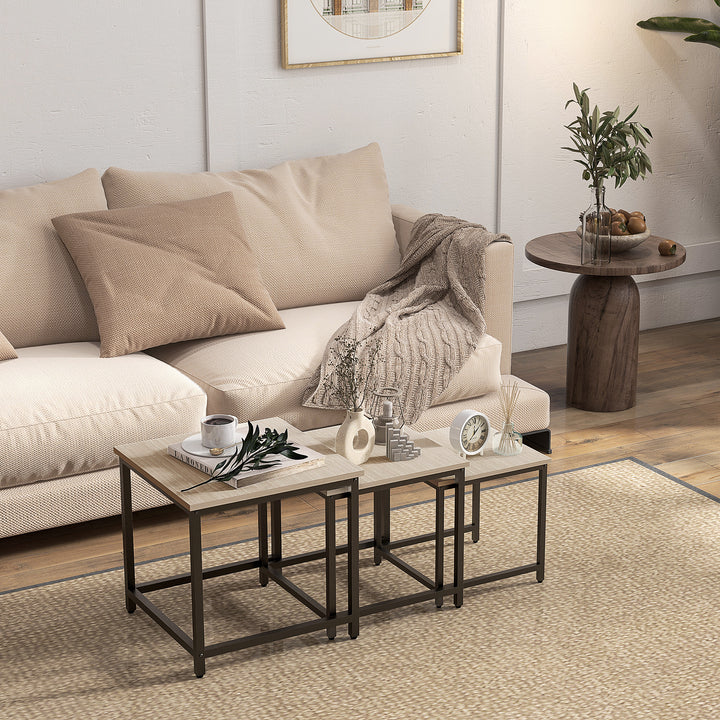 Indskudsbord sæt med 3 sideborde, industridesign, sort stålstel, bordplade i trælook