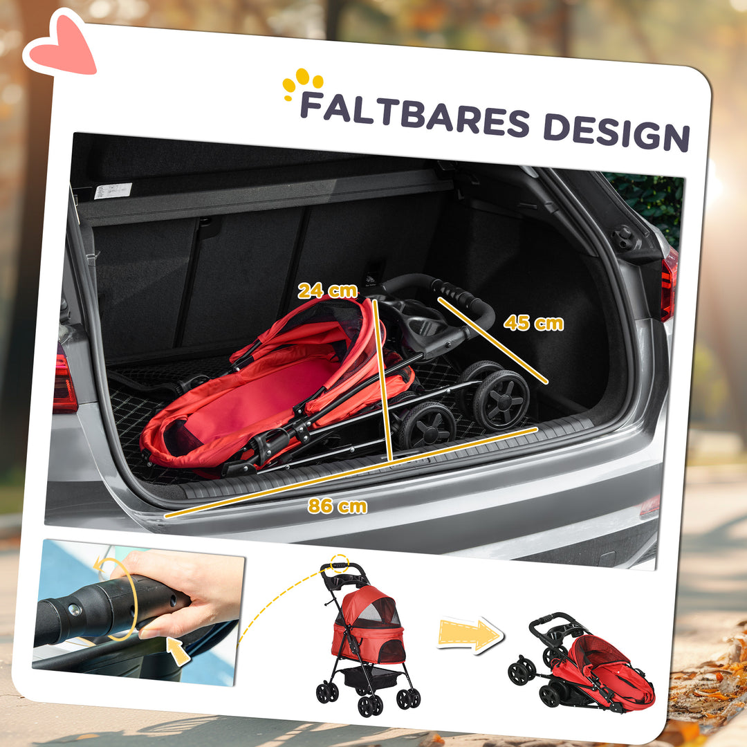 Hundevogn op til 4 kg sammenklappelig netkurv med vindue, gulv, kopholder, aftageligt tag, rød 67 x 45 x 96 cm