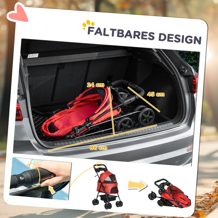 Hundevogn op til 4 kg sammenklappelig netkurv med vindue, gulv, kopholder, aftageligt tag, rød 67 x 45 x 96 cm