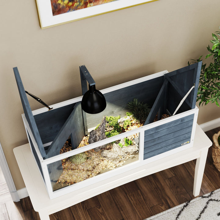 Skildpaddehus med letåbnende top, lysarmatur, transparent front, 120 x 50 x 40 cm, grå