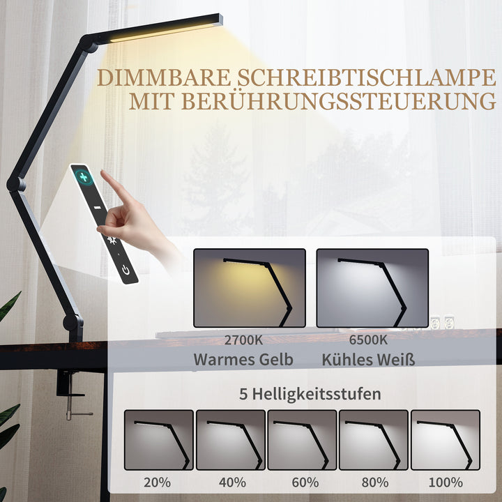 Skrivebordslampe, justerbar lysstyrke og farve, metalklemme, 96 LED'er, sort