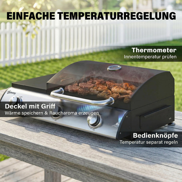 Gasgrill 7,5 KW Bærbar bordgrill med 3 brændere, sidebord, stegeplade, emaljerede grillriste, fedtbakke