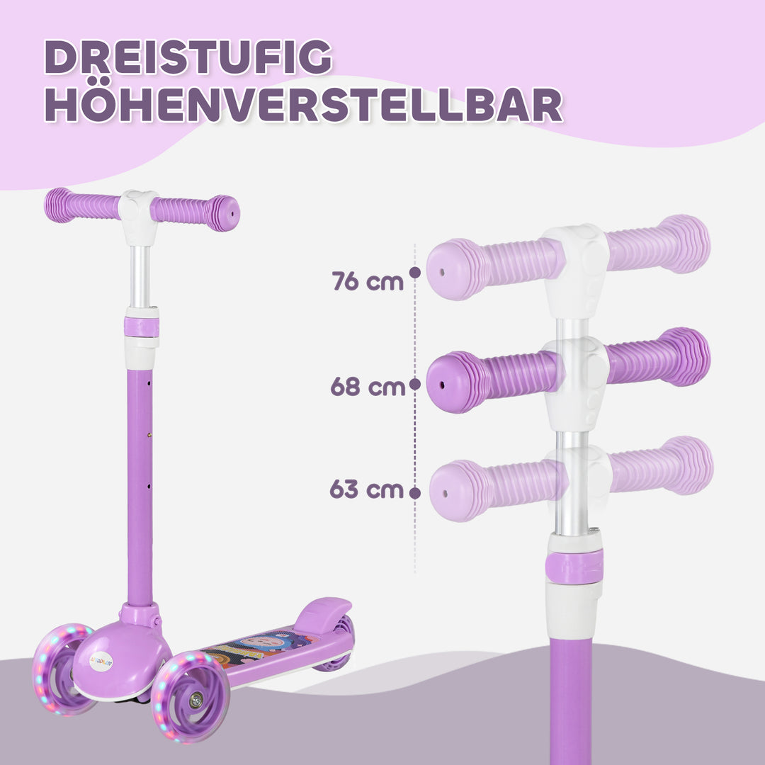 Børneløbehjul, LED-hjul, jævn kørsel, justerbar højde, plastik, stål, lilla