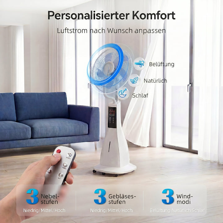 Stående ventilator med vandtåge, 75° oscillation, 3 hastigheder, 3 tilstande, hvid