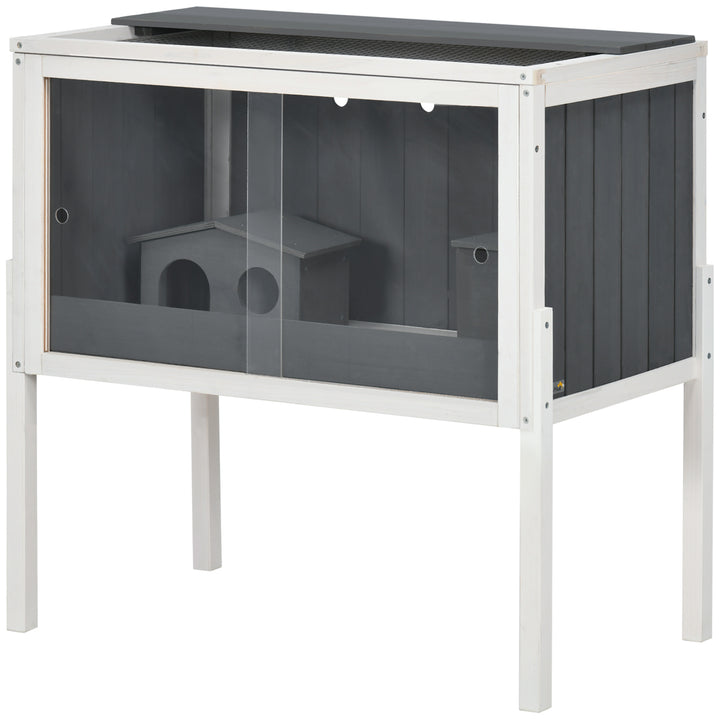 Hamsterbur, 3000 cm² dværghamsterbur lavet af træ og metal, med 2 hytter, skydedøre i akryl, stabil, sikker, grå+hvid