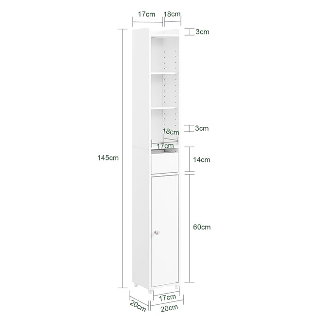 Optimer pladsen på dit badeværelse med dette elegante og funktionelle skab i hvid (B20 x D20 x H145 cm)