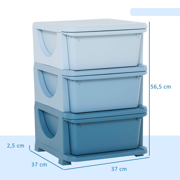 Opbevaringskasser til børn, 3 skuffer, afrundede kanter, hævet design, 37 x 37 x 56,5 cm, blå