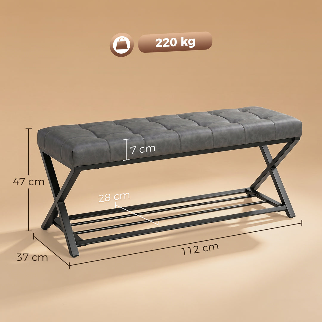 Skobænk, entrébænk med kunstlæderbetræk, opbevaringskapacitet op til 220 kg til entré, entré, 112 x 37 x 47 cm, mørkegrå