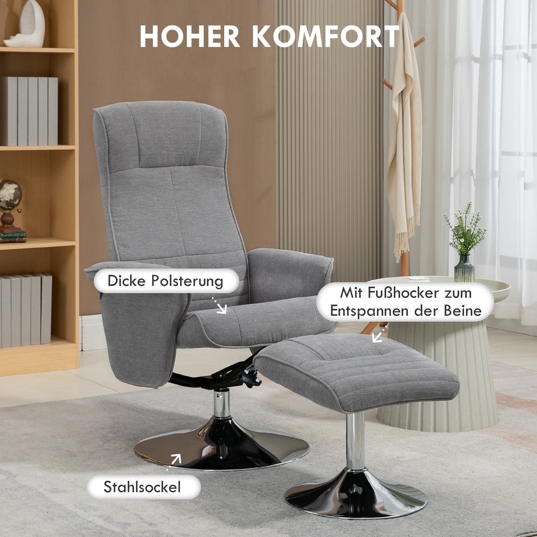 Lænestol med fodskammel, drejelig, ryglæn med justerbar stilling, op til 150 kg, 69 x 71 x 104 cm, grå