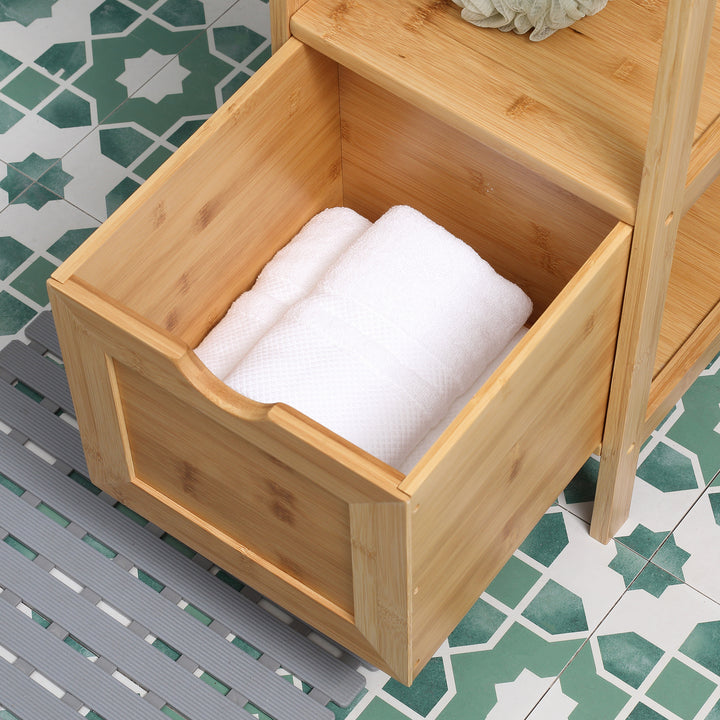 Badeværelsesskab, 3 hylder, 2 skuffer, bambus, 30 cm x 30 cm x 140 cm, naturfarvet