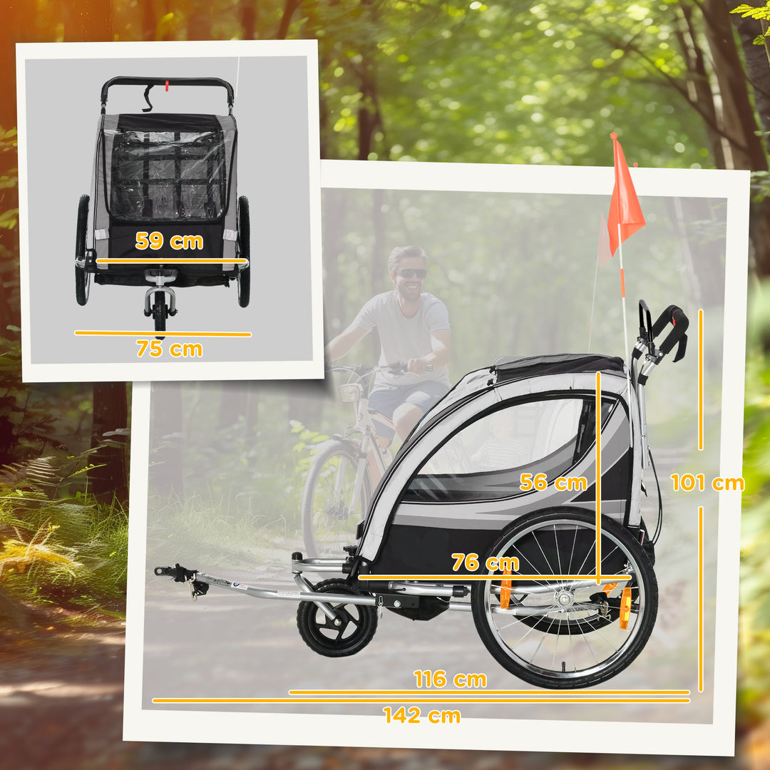 Børnecykeltrailer, skubbetrailer, med bremser, foldbar, til 2 børn, grå/sort