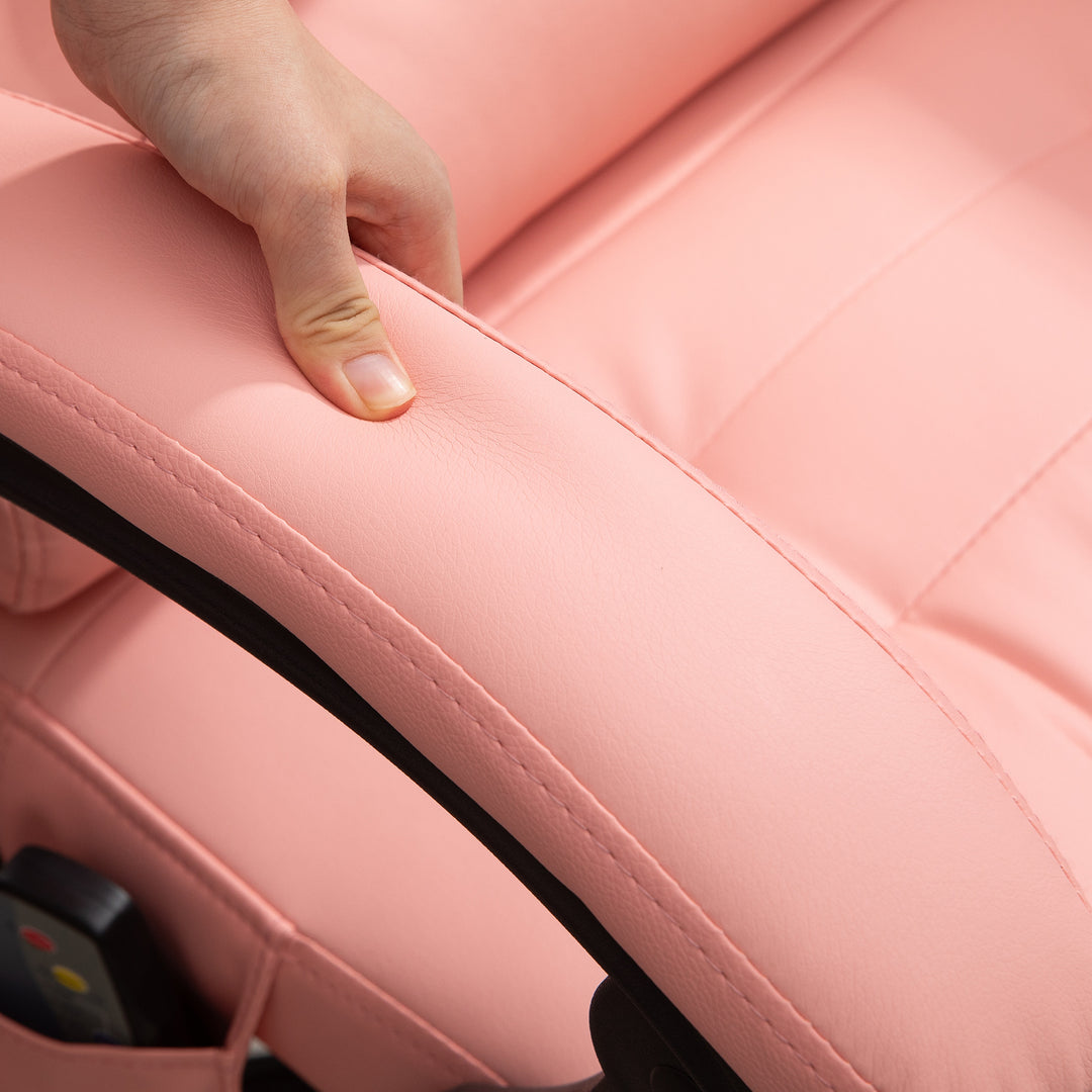 Massagekontorstol, 7 vibrationspunkter, justerbar fodstøtte og ryglæn, op til 120 kg, læderlook, pink