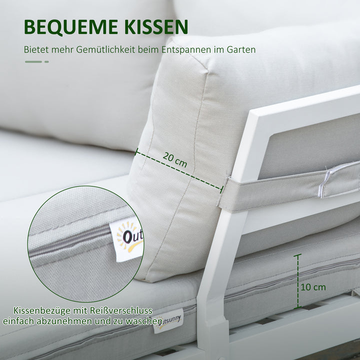 Havemøbelsæt til 3 personer med sidebord og sofa med hynder, l-formet udendørs aluminium, cremehvid