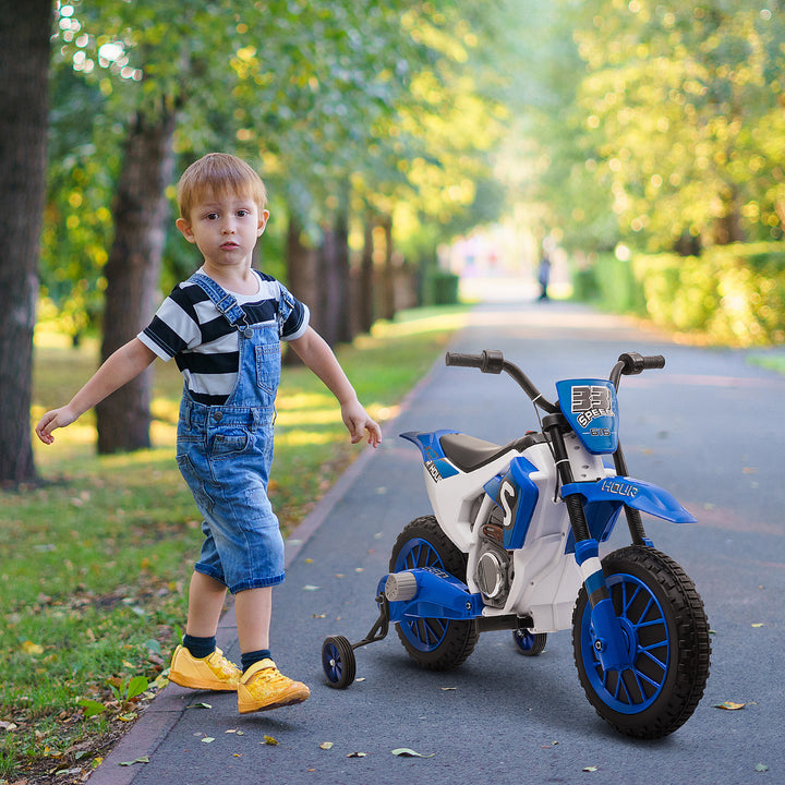 Børnemotorcykel, elmotorcykel, 45 min. køretid, med støttehjul, fra 3 år, blå+hvid, 106,5 x 51,5 x 68 cm