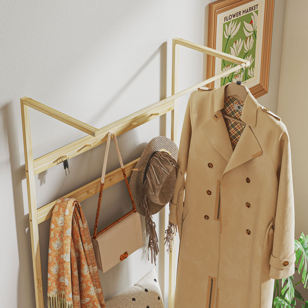 Garderobe med skobænk, bøjlestang, 10 knagerækker, bambus