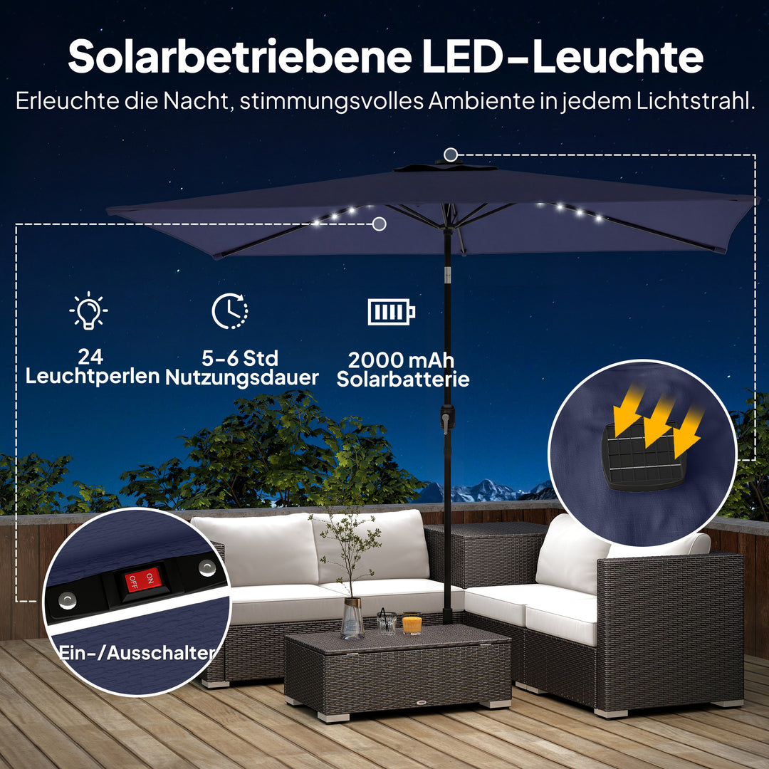 LED solcelleparasol, ca. 300 x 200 cm, vipbar balkonparasol med håndsving, beskyttelsesovertræk, UV-beskyttelse, drejelig, marineblå