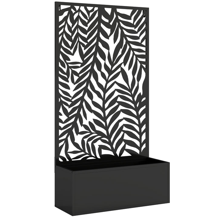 Blomsterkasse med afskærmning, plantekasse med espalier og tropiske bladmotiver, 61 x 23 x 113 cm, sort