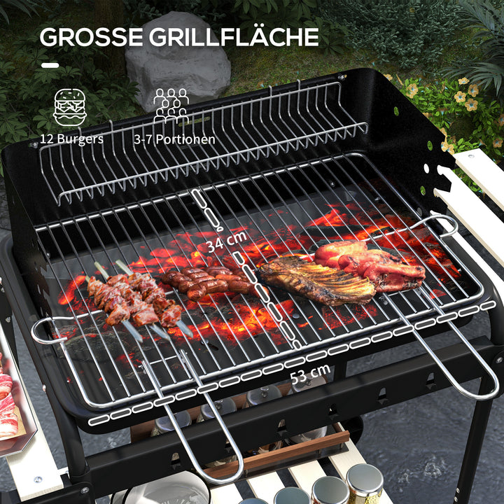 Metalkulgrill BBQ-ryger med hjul, højdejusterbar grillrist, træhylde, 103x47x95 cm, sort