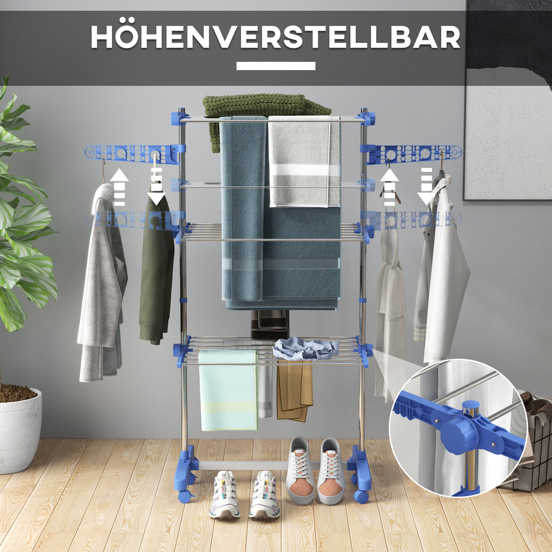 Tørrestativ. 4 niveauer, foldbar, et-klik-system, 142 cm x 55 cm x 152 cm, blå + sølv